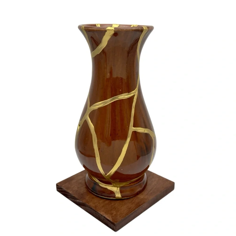 Kintsugi Vase Brown Glazed Pottery Gold Crack Art Anniversary Growth Gift - Picture 11 of 17
